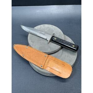 Vtg Utica Sportsman USA Delrin Handle 5” Fixed Blade Knife With Leather Sheath